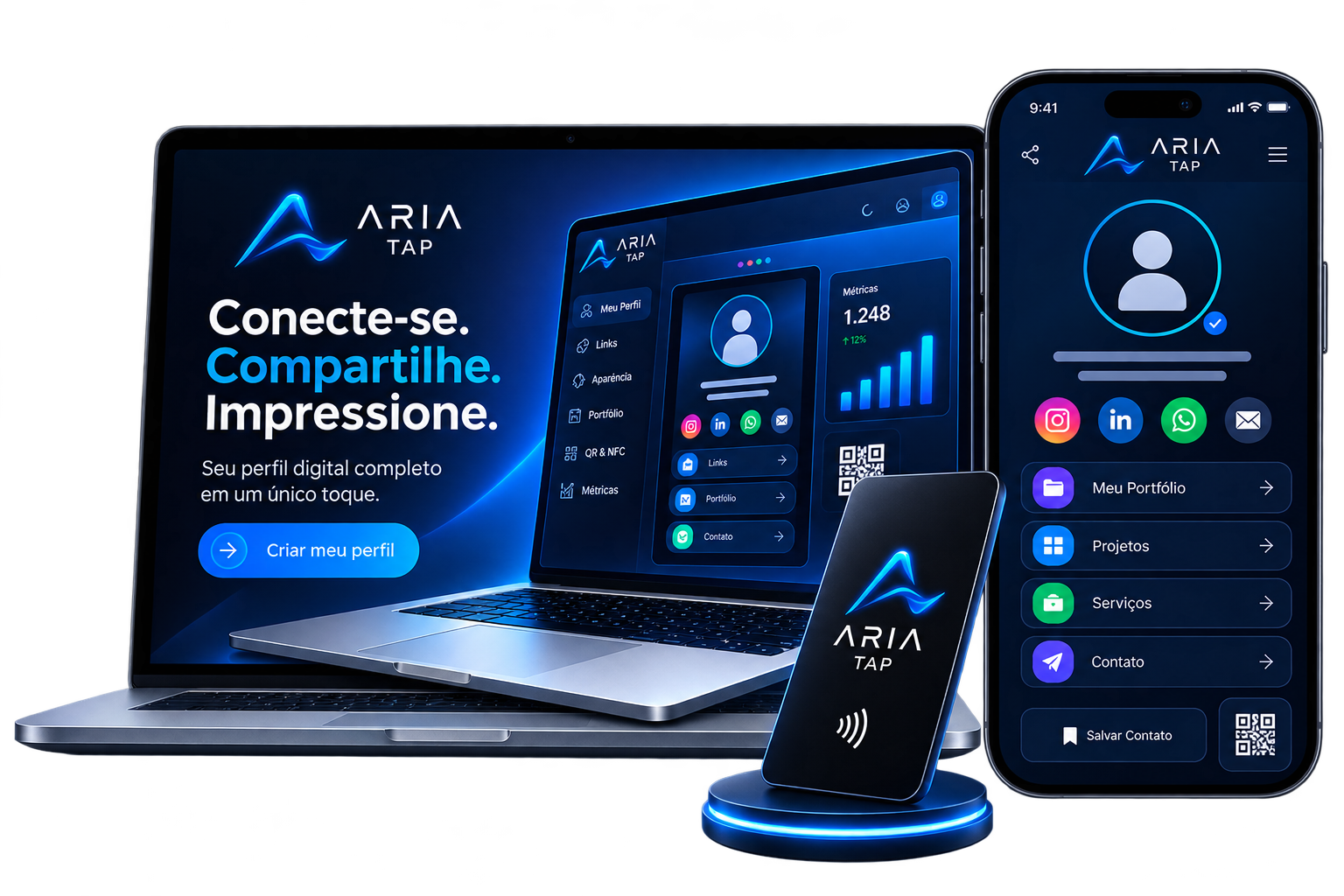 Mockup do ARIA Tap em notebook e smartphone mostrando um perfil digital